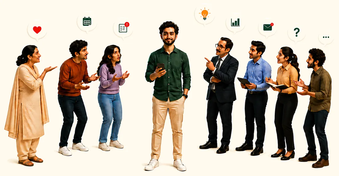 People talking with ideas floating above them