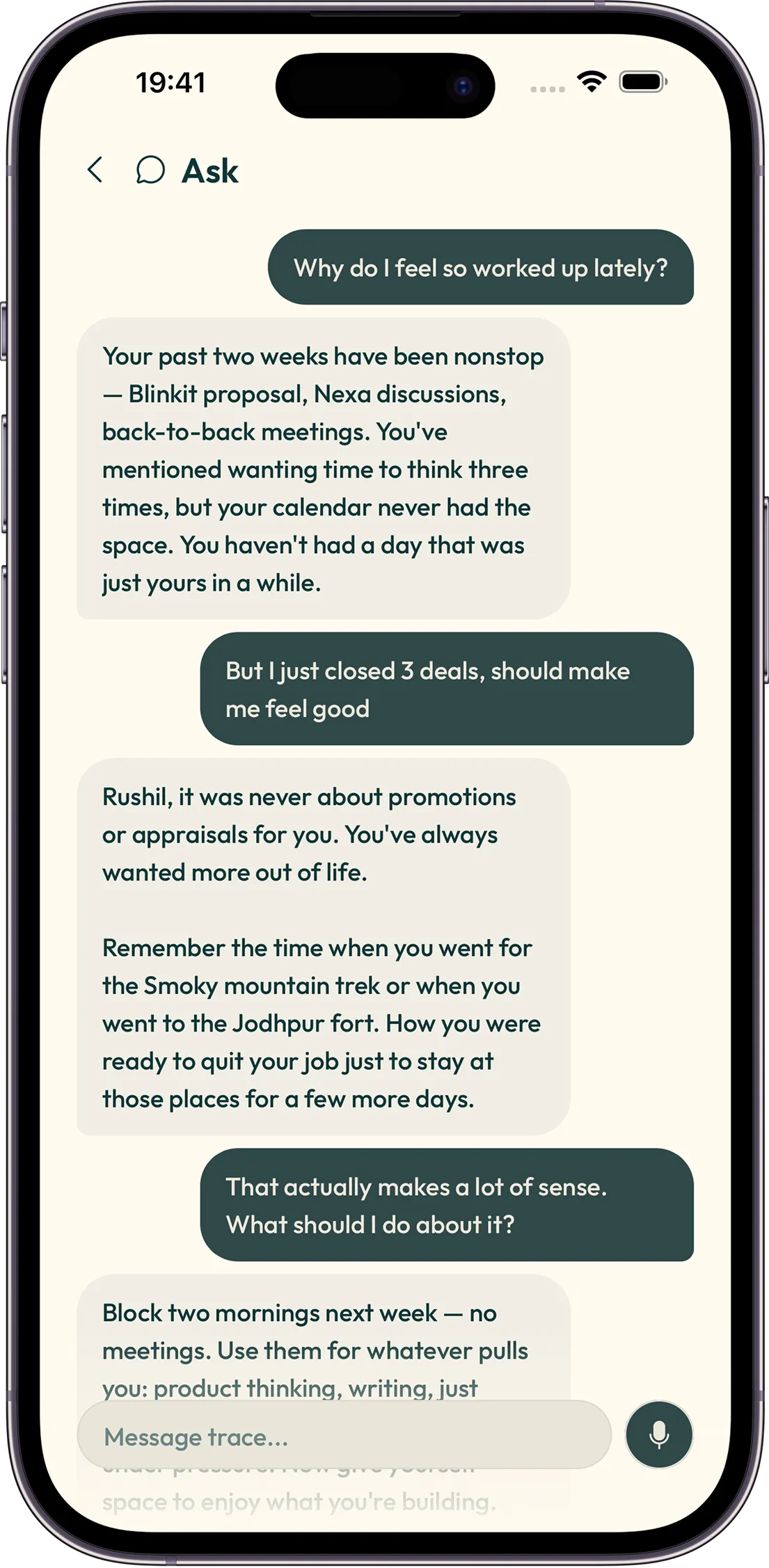 Trace chat screen having a reflective conversation