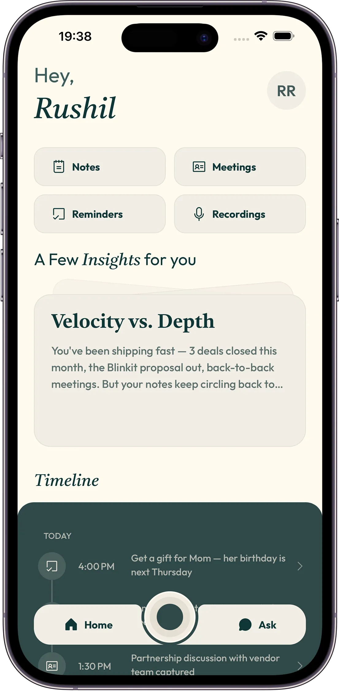 Trace home screen showing a timeline of reminders, actions, and notes