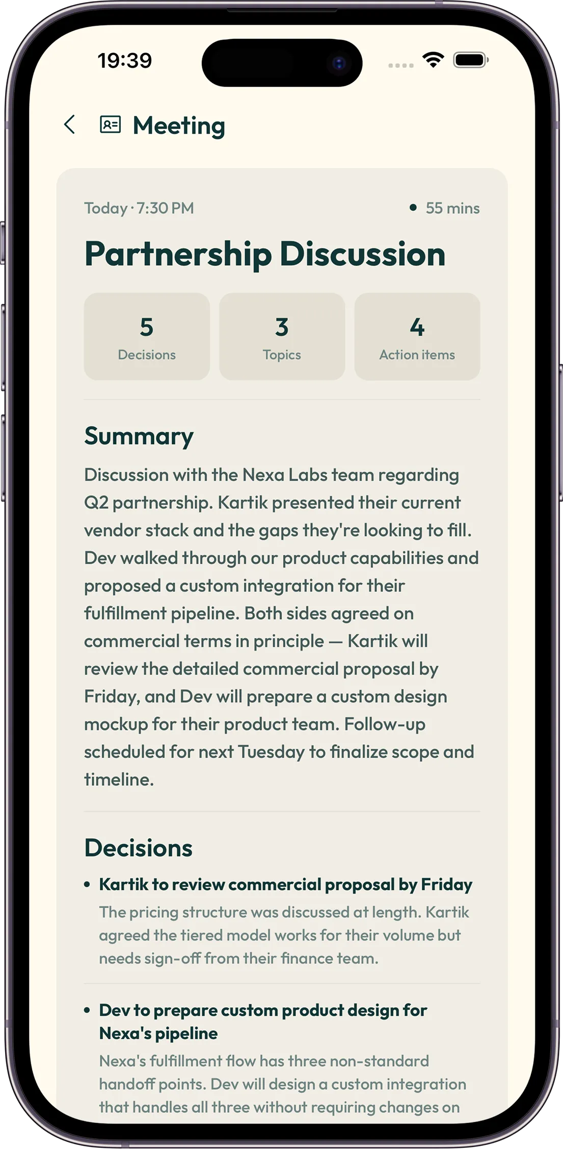 Trace meeting notes screen with summary, flags, and action items